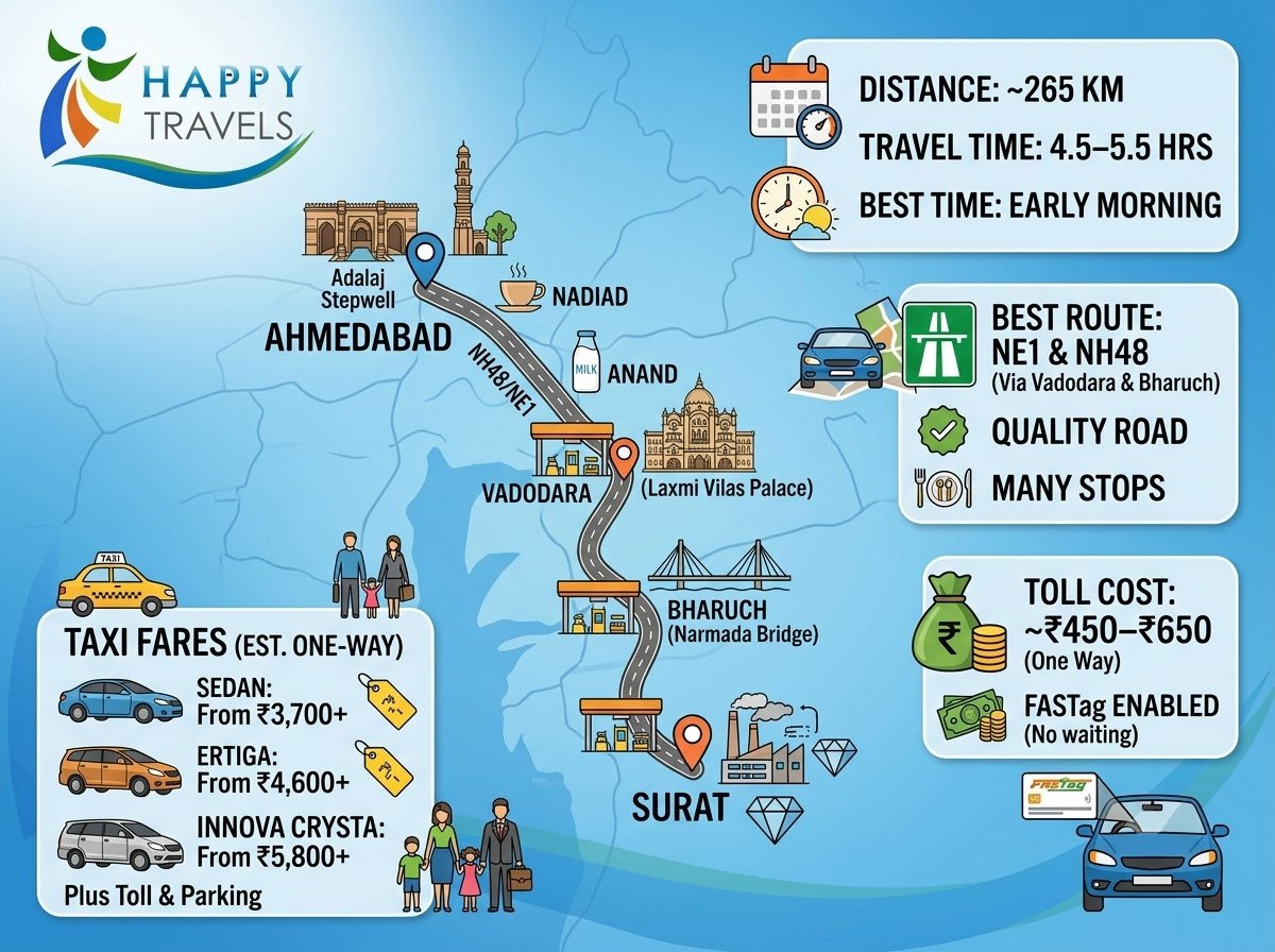 Ahmedabad to Surat by Road: Best Route, Toll Cost & Taxi Fare